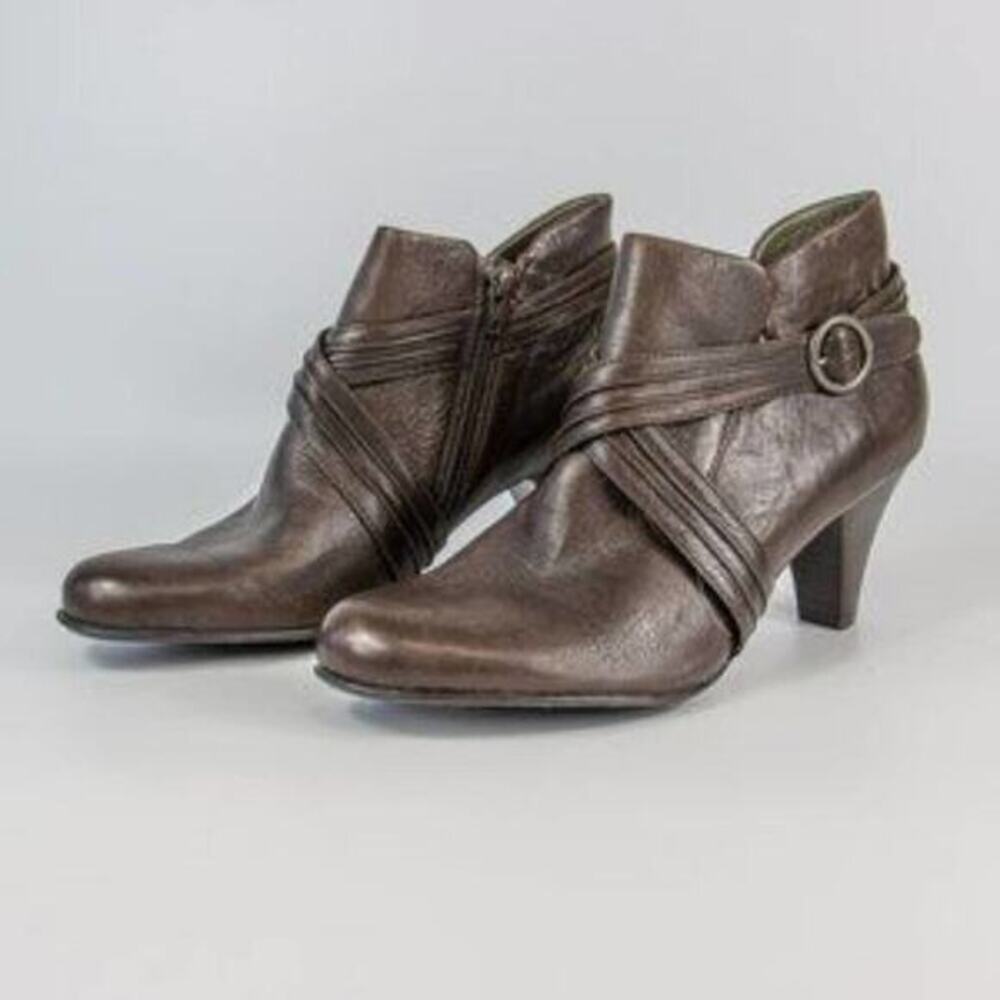 Born Granny Brown Leather Ankle Boots with Straps and Buckle Accent, Pointed Toe